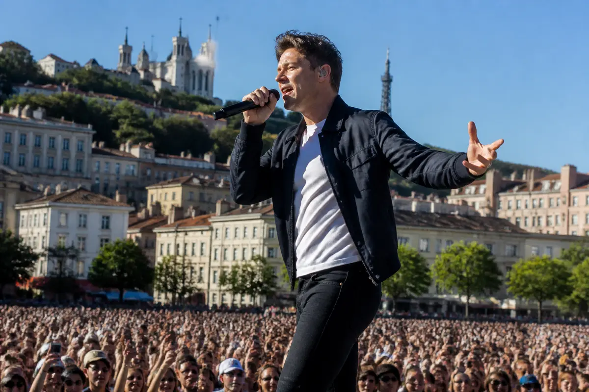 Chanteur sur scène à Lyon, foule enthousiaste, basilique Notre-Dame de Fourvière en arrière-plan, journée ensoleillée.