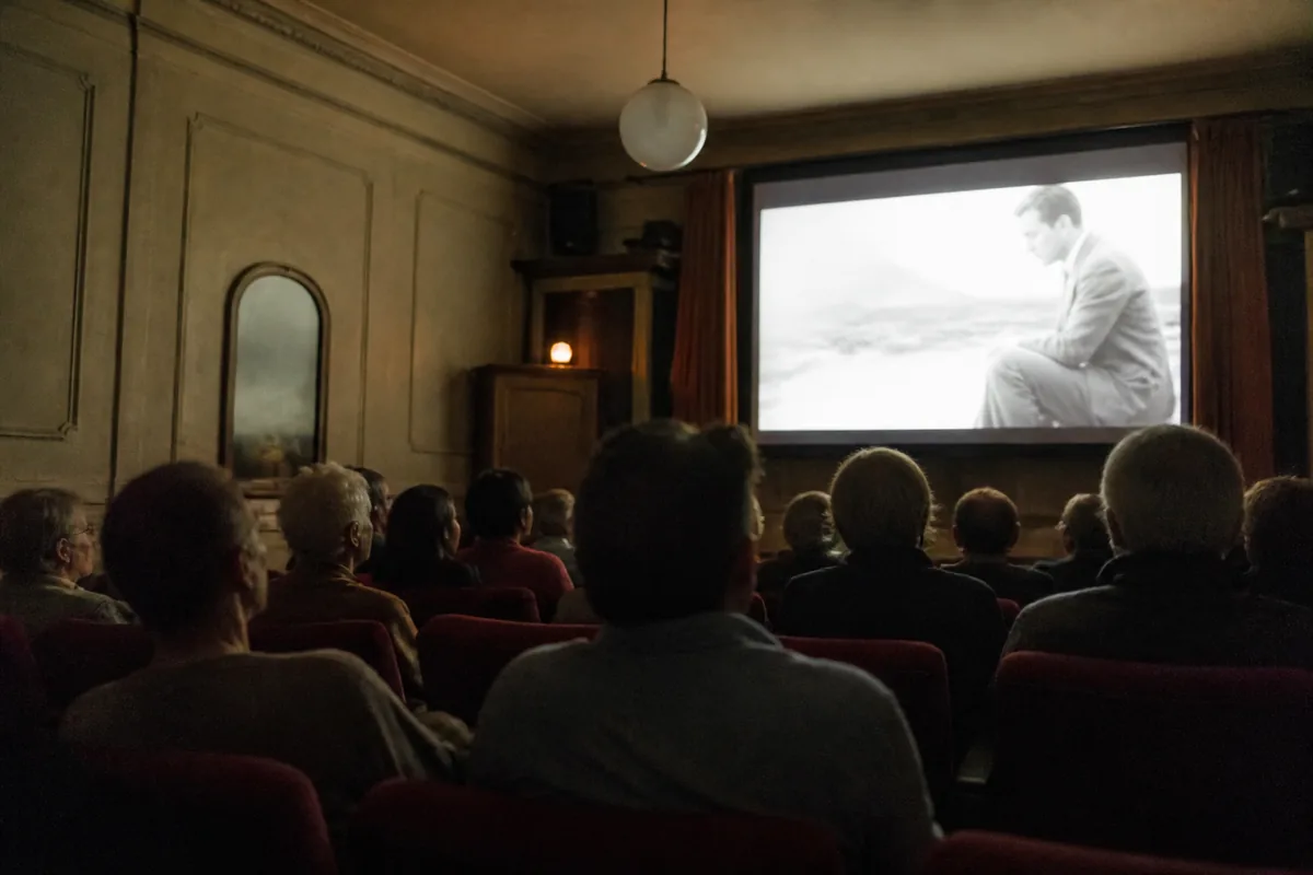 Salle de cinéma ancienne avec spectateurs attentifs dans une ambiance tamisée, illustrant la réflexion provoquée par les films philosophiques