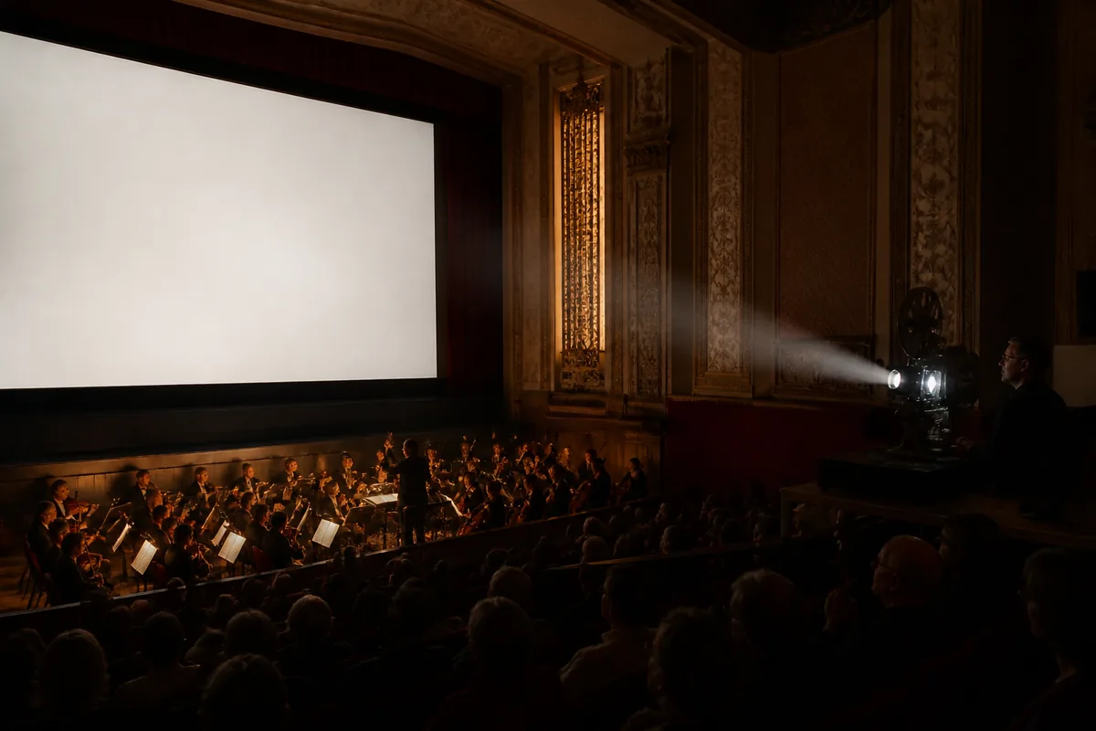 Orchestre symphonique jouant en direct une musique de film culte dans une salle de cinéma ancienne